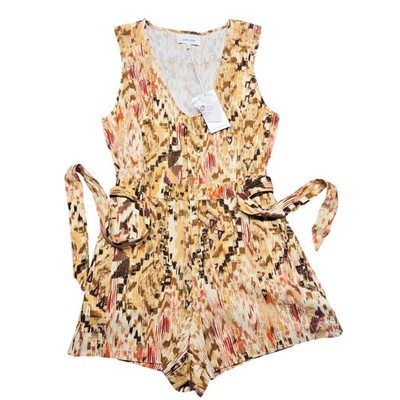 Dear John Romper Womens Medium Beige Ikat Linen Blend Belted Sleeveless Shorts