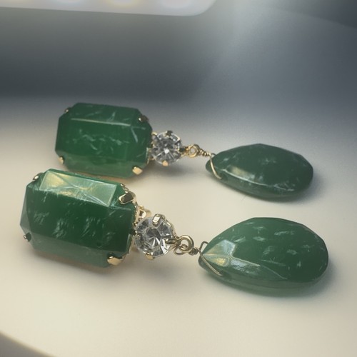 Vtg Rare Scaasi Big Dangle Earrings Clip Green Emerald Cut Stone Rhinestone 2.5" - Picture 6 of 7