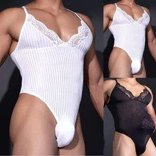 Mens Sleeveless Stripe Lace See Through Bodysuit Underwear for Lounge and Night