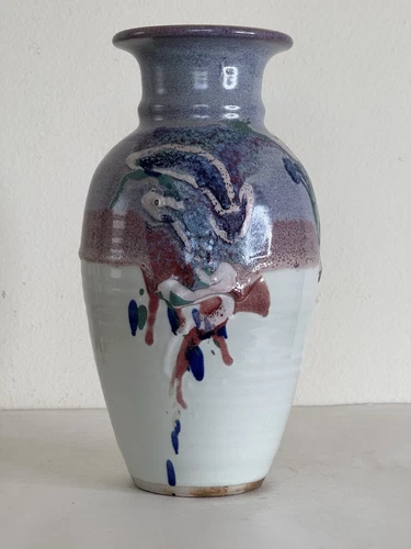 Signed Studio Pottery Drip Glaze Vase Large Ceramic Textured Hand Thrown 13 Inch