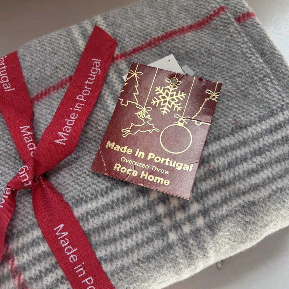 Roca Home Throw Blanket Made in Portugal Cotton Blend Grey Red Ivory 50”x67” - Image 4 of 4