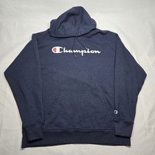 CHAMPION Mens XL PowerBlend Fleece Pullover Hoodie Navy Logo front Gym Active
