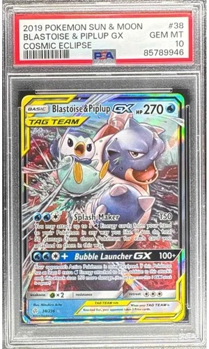 2019 POKEMON SUN & MOON COSMIC ECLIPSE BLASTOISE PIPLUP TAG TEAM #38/236 PSA 10