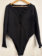 H M Divided Super Stretchy Black Long Sleeve Lace Trim Bodysuit Ribbed XL