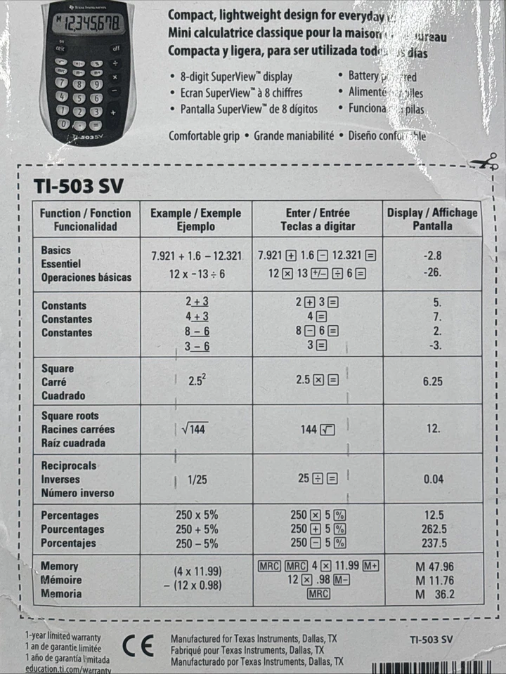 Texas Instruments 503 SV Basic Calculator - BRAND NEW - Image 3 of 4