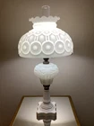 1 Vintage L G Wright, Fenton, Milk Glass “Moon and Stars” Lamp, Chimney, Shade