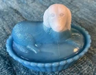 Vintage Westmoreland Blue White Slag Glass Dog On Nest trinket candy See Damage