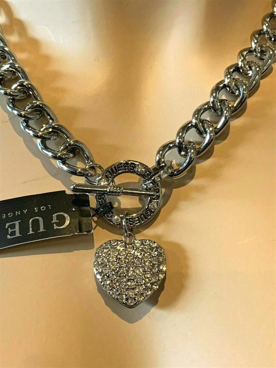 GUESS WOMENS LOGO NECKLACE Silver Rhinestone Heart Pendant