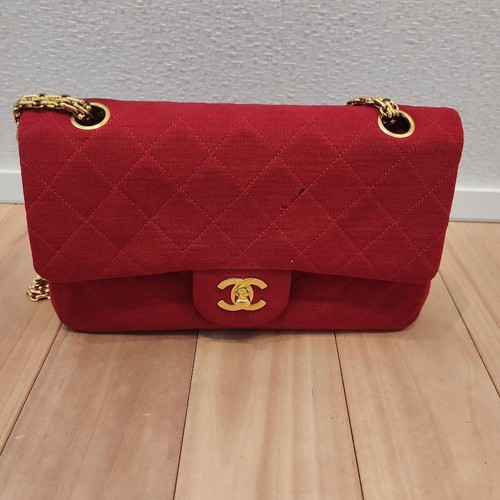 CHANEL CC Matelasse Chain Shoulder Bag Double W Flap Cotton Red