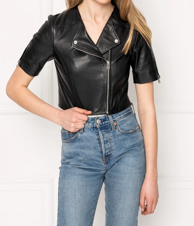 Cropped Leather Jacket Women Black Lambskin Short Sleeves Moto Biker Jacket  Coat