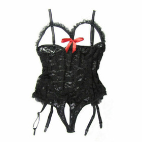 Lace Open Cup Crotchless Teddy One Piece Bodysuit with Garter Belt Naughty Dress