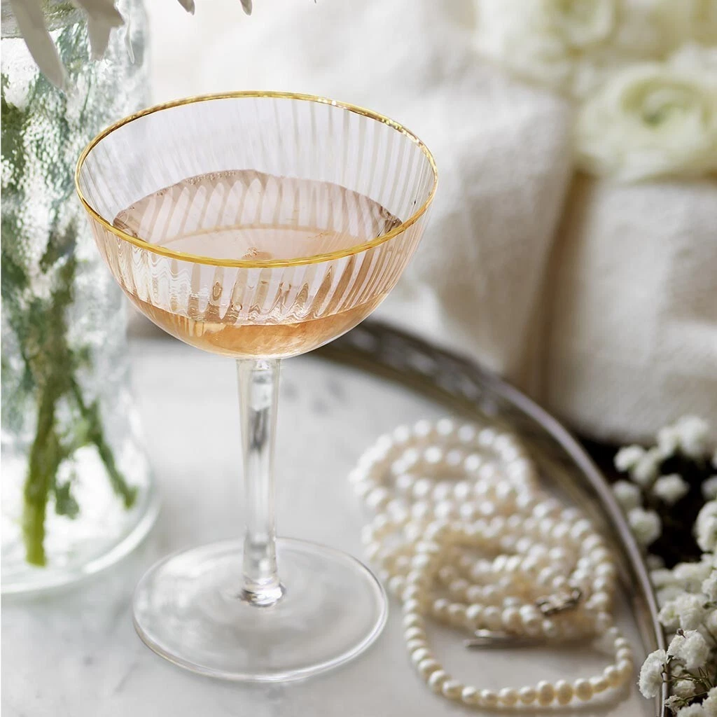 Luxury Gold Ribbed Glass Champagne Saucers Alcohol Wine Drinking