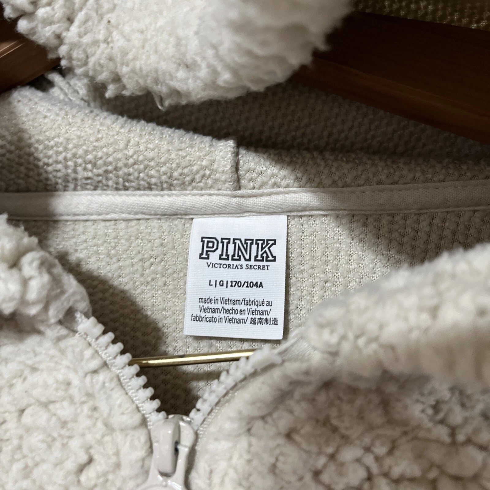 OFF WHITE Felpa con cappuccio pullover Victoria's Secret Varsity Sherpa mezza cerniera AVORIO grande