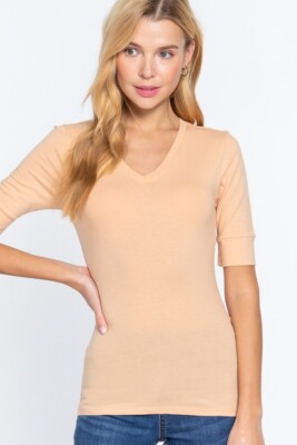 Women Basic V-NECK Elbow SHORT Sleeve T Shirt Top Cotton Stretch REG N PLUS S-3X
