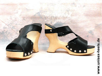 Exotische handgefertigte High-Heels, Holzsohle, Leder, verstellbare Schnalle