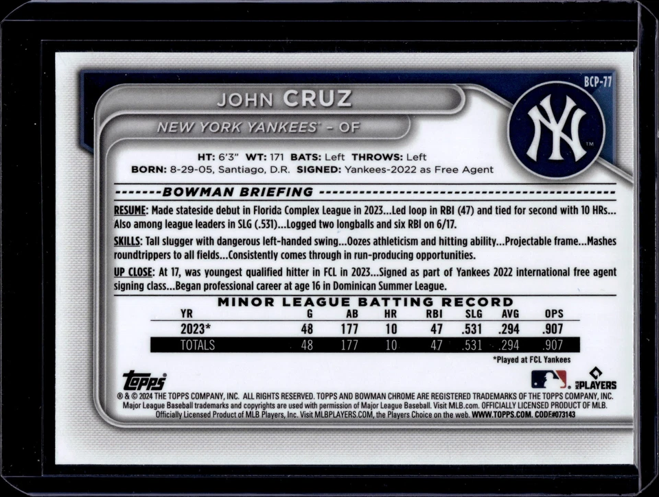 2024 Bowman Sapphire Edition #BCP-77 John Cruz - Image 2 of 2