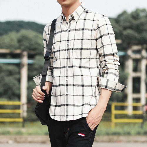 Spring and Autumn Men's Retro Plaid Fashion Casual Long Sleeve Button Shirt Top - Picture 37 of 48