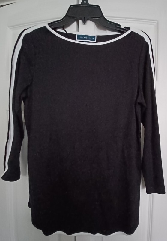 LADIES BLACK KNIT TOP W/ WHITE LINING BY KAREN SCOTT SIZE MEDIUM NWT. 3/4 SLEEVE