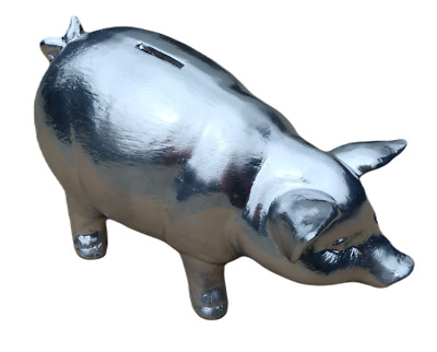 GROßES XXXL SPARSCHWEIN Silber Chrom SPARDOSE KERAMIK  GEBURTSTAG HOCHZEIT