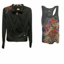 Fila 2 Piece Set Zip Up Jacket  Tank Size Small Black Purple Floral