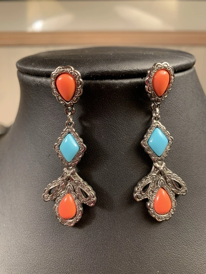 Nuevos pendientes artesanales de plata tibetana con coral y turquesa Foto 3 de 3