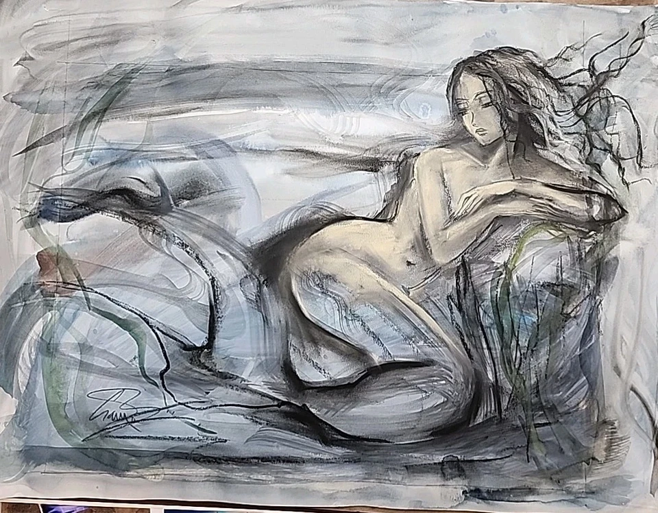 CRAMOLINI Mermaid Beauty Aquarela Pastel Carvão Desenho ARTE ORIGINAL Não Uma Estampa - Imagem 4 de 4
