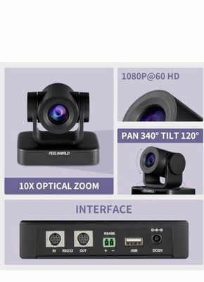 FEELWORLD PTZ Video Conferencing Camera 1080P@60 10X Zoom Pan/Tilt USB RS232