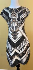 NWT EXPRESS Women Deco Sequin Aztec Black Gold Cap Sleeve Cotton Sheath Dress S