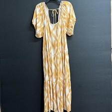 Knox Rose XL Boho Midi Dress Yellow White Spring Tiered Puff Sleeve Tie Back