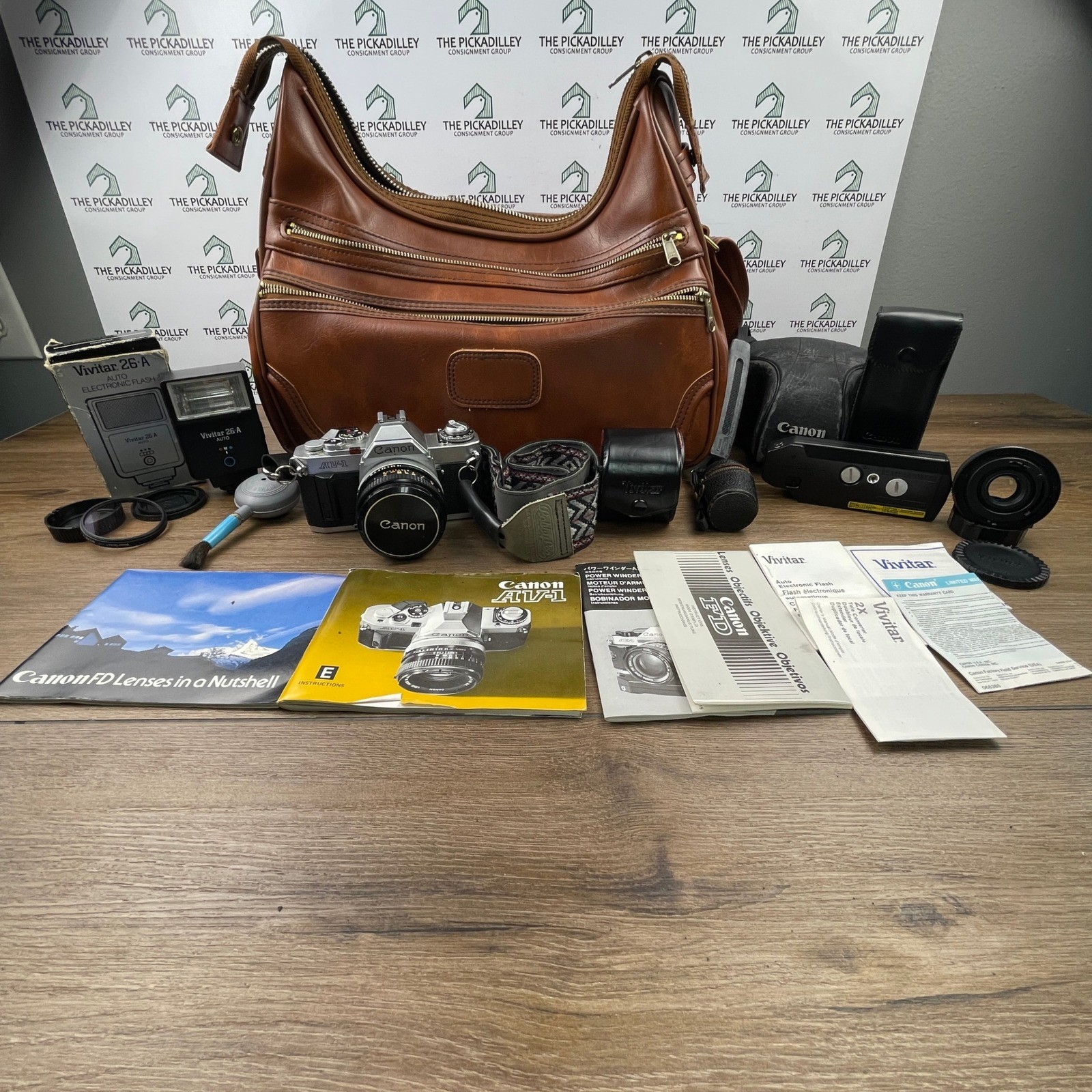 Canon AV-1 35mm SLR Film Camera Bundle 50mm 1.8 Lens Vivitar Flash Bag Tested