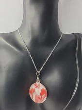 Vintage Red and White Murano Style Art Glass Pendant Necklace Handmade Look BoHo
