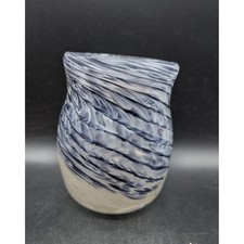 Hand Blown Art Glass Vase Navy Blue White Swirl Marbled Coastal Contemporary