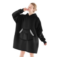 Oversized Sherpa Fleece Hoodie Blanket with Pockets for Adults - Black