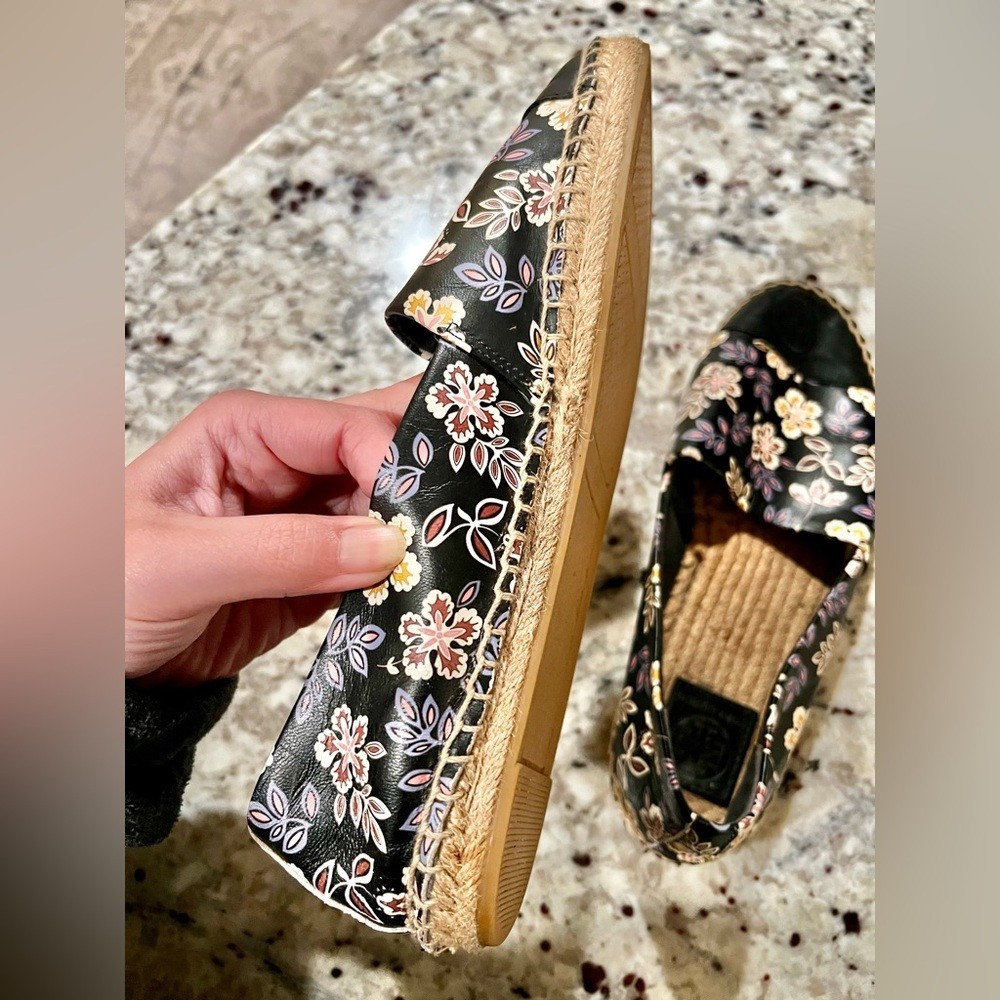 Tory Burch Hopewell Floral Espadrilles Black Nappa Leather Colorblock Size 9.5 thumbnail 5