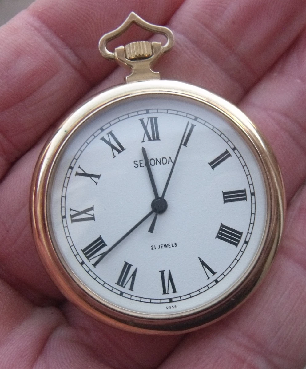 RELOJ BOLSILLO SEGUNDO CENTRAL SEKONDA 21 JOYAS CHAPADO EN ORO USADO, FUNCIONANDO.