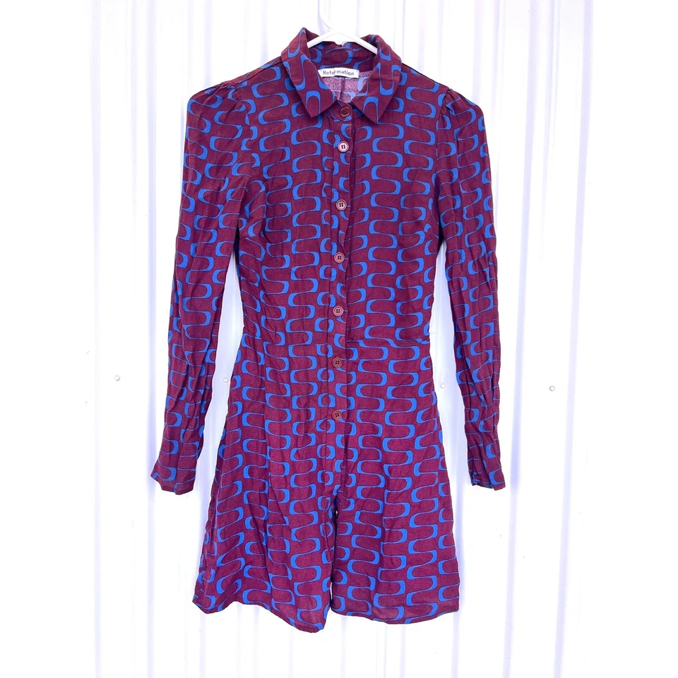 Vestido Camisa Manga Larga Estampado Geométrico Azul Borgoña Reformation Talla 2 Foto 3 de 4