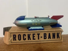 1950's METAL mechanical Rocket Bank "First National Bank Bethany Missouri" w Box