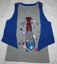 NWT Justice Girl's American USA Sequin Bow Tie Vest Shirt Top 10 Yrs