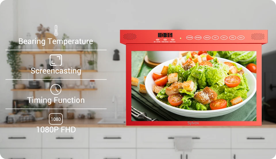 15.6" Televison for Kitchen Under Cabinet TV 1080P  LED Clock Alarm Clock Red - Image 3 of 4