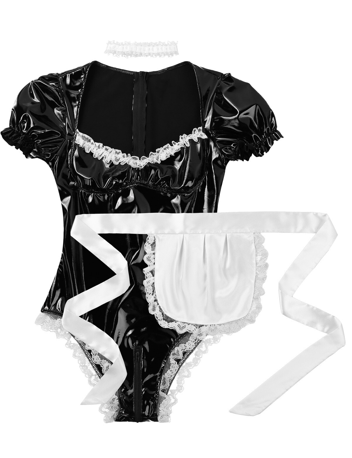 Women's PVC Leather French Maid Costume Outfit Zipper Crotch Costume