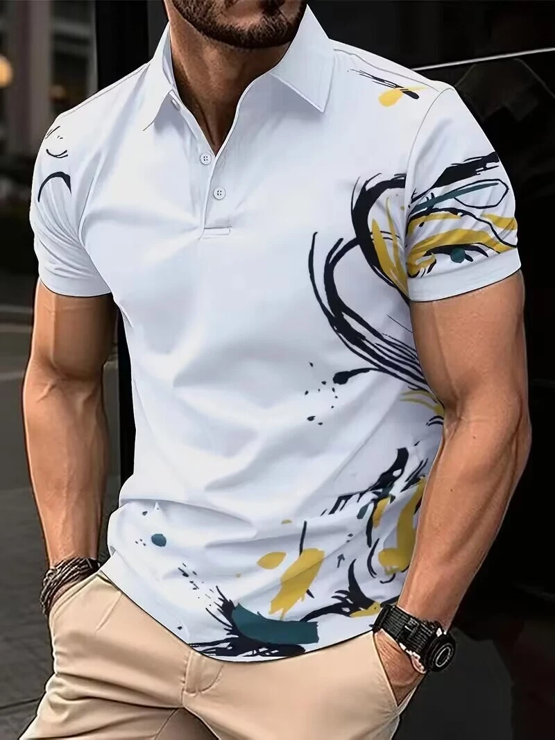 Polo Fashion Men‘s Artistic Painting Print Short Sleeve Shirt Lapel Collar - Picture 1 of 3