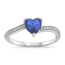 Blue and Clear Heart Ring Genuine Sterling Silver 925 Height 6 mm Size 3 - 12