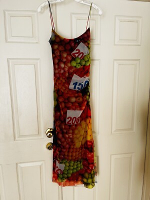 zara fruit print midi dress Zara Fruit Print Dress Farm Stretchy Mesh Wedding Guest Maximalist Midi Sz Small
