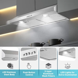 30in Under Cabinet Range Hood Vent Kitchen 3 Speed 500CFM w/LED Stainless Steel