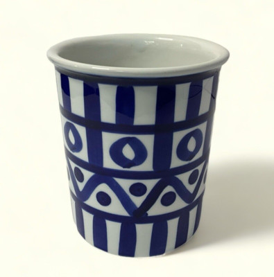 Vintage Dansk Arabesque Utensil Holder Crock Blue White Mid Century Modern 6''