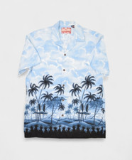 RJC Hawaiian Shirt Mens M Blue Beach Palm Tree Sailing Clouds Cotton USA Made