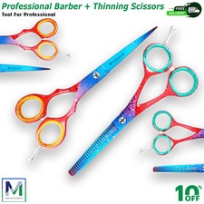 Set Tijeras Peluquer a   Corte y Entresacado Rojo y Azul  Barber Shears