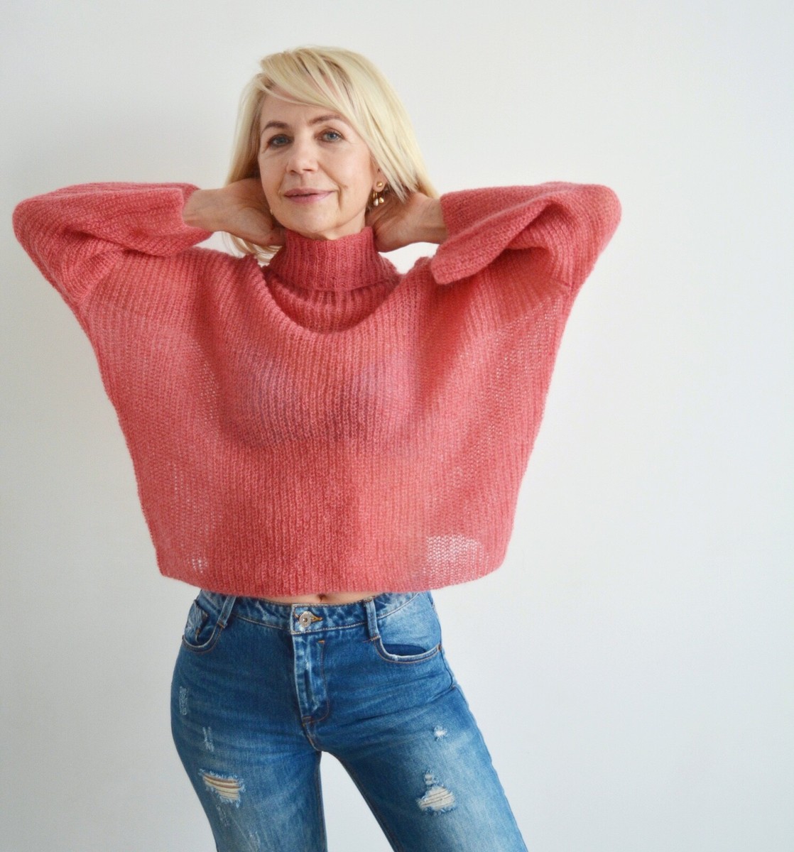 Pink coral mohair sweater, Turtleneck cropped sweater, Short soft