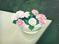 Dipinto A Olio Impressionista Natura Morta Con Rose In Una Terrina 60 X 80 Cm