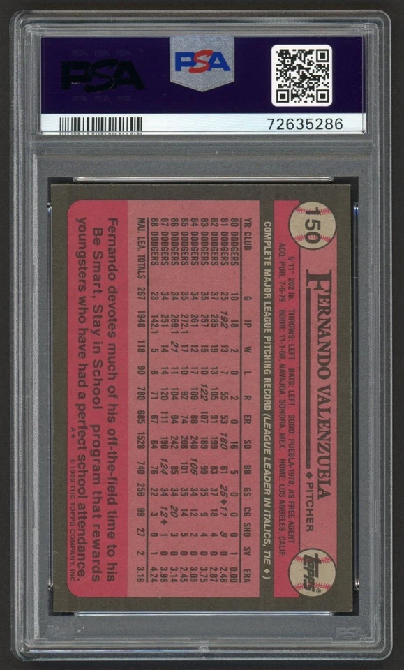 1989 TOPPS FERNANDO VALENZUELA #150 LOS ANGELES DODGERS HOF PSA 8 NEAR MINT-MINT - Image 3 of 3